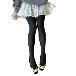 Slimming dark grey ribbed tights for women in Japanese style for autumn and winter outfits