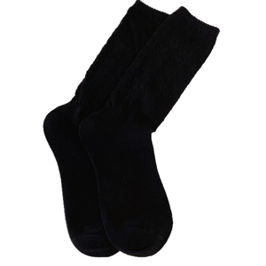 Black cotton knit crew socks with ribbed texture for women, minimalist solid color style
