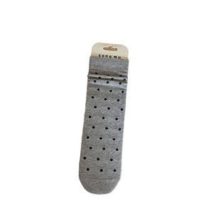 Gray mid-calf socks with black polka dots and sweet lace trim for autumn and winter