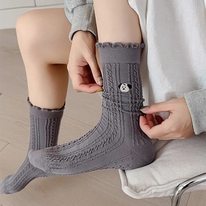 Grey knitted crew socks with cute puppy embroidery and frilly cuffs for women