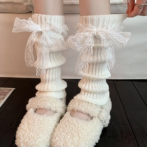 Jambières en tricot blanc Lolita avec nœuds en dentelle et chaussures Mary Jane