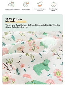 Detail of breathable double-layer cotton muslin swaddle with cute bear and floral prints