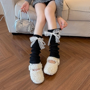 Jambières noires en tricot style Lolita avec grands nœuds en dentelle blanche et côtes