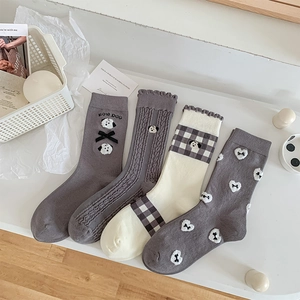 Women Mid Calf Socks Cotton Knit Puppy Embroidery Heart Pattern Bow Accent Ruffle Edge Sweet Fashion Gray Off White