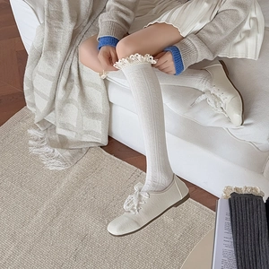 Detailed knit texture of white calf socks with delicate lace trim for a sweet vintage style