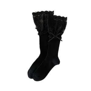 Japanese style black calf socks with lace trim and ribbon bow for sweet JK fashion look