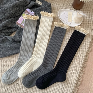 Women Vintage Lace Trim Calf Socks Cotton Ribbed Vertical Stripe Sweet Lolita JK Style Knee High Socks