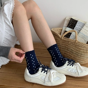 Japanese style lace ruffled socks with polka dots in blue, white and grey colors