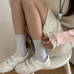 Japanese style light grey polka dot lace edge socks worn with white Mary Jane sneakers