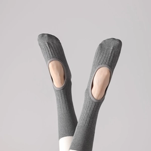 Detailed view of dark grey ribbed yoga socks with stylish open back cutout design