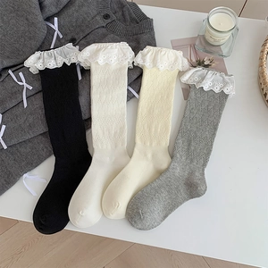 Lace ruffle trim crew socks in white, black, beige, and grey with floral embroidery