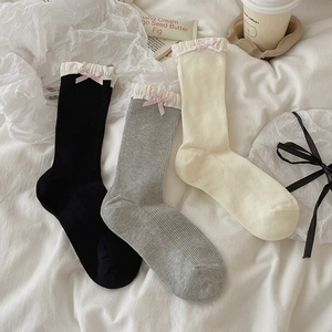 Damen Slouch Socken Aus Baumwolle Mit Spitzensaum Und Rosa Schleife Süßer Balletcore Stil Mittelhohe Modische Strumpfwaren