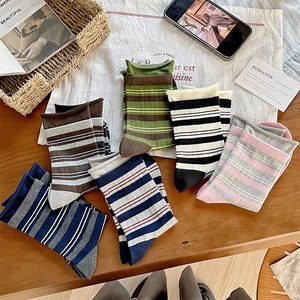 Calze Slouch A Righe Donna Misto Cotone Metà Polpaccio Maglia A Costine Stile Giapponese Preppy Casual Retrò
