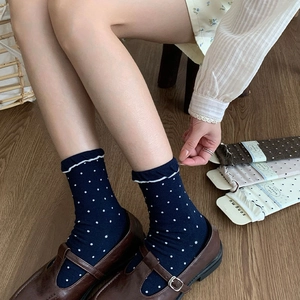 Chaussettes à pois pour femmes avec bordure en dentelle ondulée et coton doux
