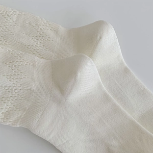Close-up of white hollow knit socks featuring elegant lace patterns and ribbed cuffs