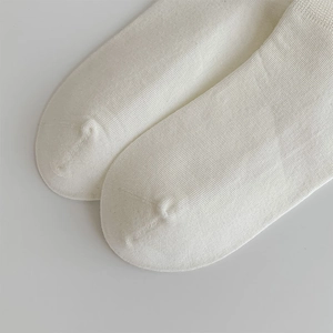 Close-up of white cotton lace socks showing fine knit texture and seamless toe detail
