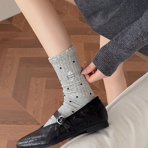 Japanese style grey polka dot socks with cute cat embroidery and wavy cuffs