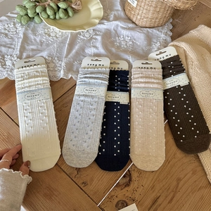 Women Cotton Crew Socks Japanese Sweet Polka Dot Wavy Scalloped Edge Ribbed Knit Mid Calf Retro Breathable For Girls