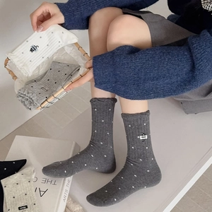Japanese style polka dot knit cotton socks with cute cat embroidery and wavy cuffs