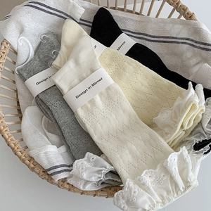 Detailed shot of hollow knit texture and embroidered lace edge on sweet calf socks