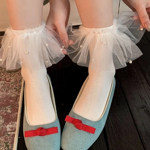 Damen Wadenhohe Socken Baumwolle Mesh Spitze Künstliche Perlen Lolita Süßer Prinzessinnenstil Atmungsaktive Elegante Strumpfwaren