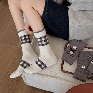 Grey slouch socks with puppy embroidery, bow detail and checkered patterns for women