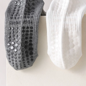 Close-up of silicone anti-slip grippers and textured knit on ballet style yoga socks