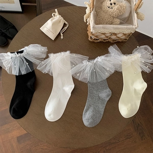 Chaussettes Mi-Mollet Femmes Coton Dentelle Künstliche Perle Décorative Style Lolita Doux Princesse Japonaise Mode