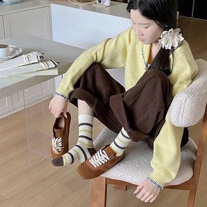 Detailed knit texture of Japanese style striped socks in yellow, brown, and cream tones