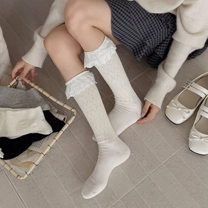 Detail of white calf socks with lace trim and herringbone knit on model wearing Mary Janes