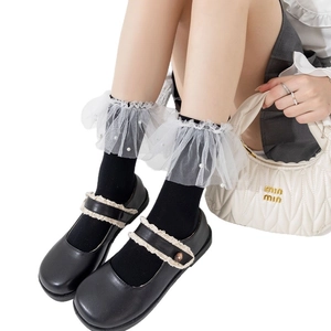 Elegante schwarze Lolita Socken mit weißem Spitzenbesatz und Perlen für Damen