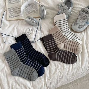 Women Stripe Crew Socks Cotton Blend Breathable Ribbed Cuff Casual Mid Calf Fashion Hosiery For Girls Students Retro