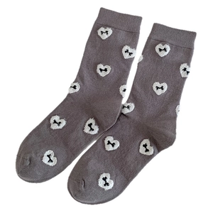 Cute dark grey knit socks with white flocked heart patterns and black bow embroidery