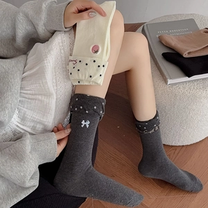 Japanese style polka dot crew socks with bow embroidery in four assorted colors