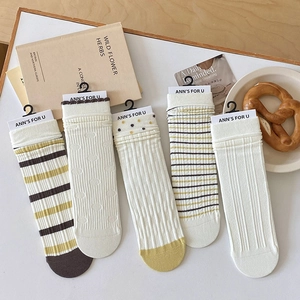Women Cotton Slouch Socks Korean Style Ribbed Knit Striped Polka Dot Breathable Crew Socks Sweet Vintage Accessory