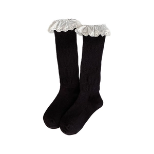 Sweet ballet style black knee-high cotton socks with white floral lace trim details