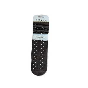Japanese style dark brown crew socks with white polka dots and lace trim packaging