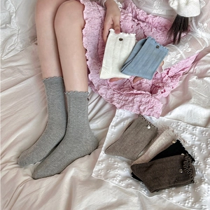 Close-up of knit crew socks featuring ruffle trim and decorative metal buttons