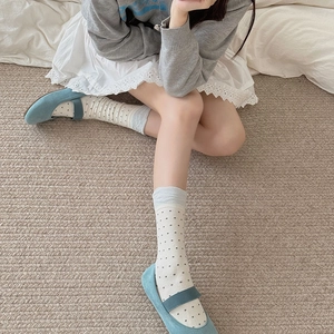 Detailed view of white polka dot crew socks with ribbed cuffs and blue Mary Jane shoes