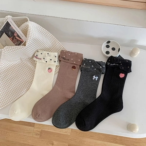 Women Cotton Crew Socks Sweet Embroidery Polka Dot Turnover Cuff Japanese Style Breathable Comfortable Daily Legwear