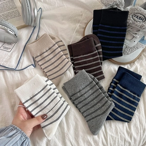Detail of colorful striped cotton mid-tube socks with premium ribbed knit texture