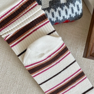 Close-up of vintage striped knit socks showing detailed vertical rib texture and heel craft