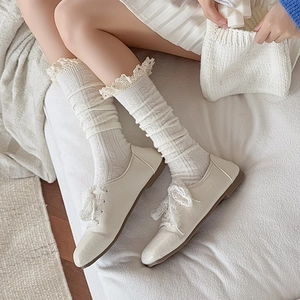 Retro grey lace-trimmed calf socks with vertical stripe pattern in cream aesthetic