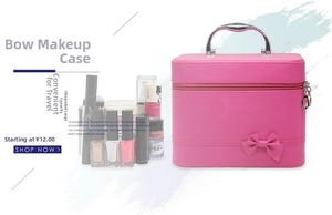 Pink PU makeup case with 3D bow decoration and silver metal handle for cosmetics