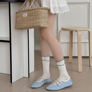 Japanese style light blue canvas Mary Jane flats with double straps and white socks