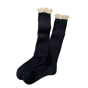 Retro grey vertical striped calf socks with vintage white lace trim for a sweet feminine look