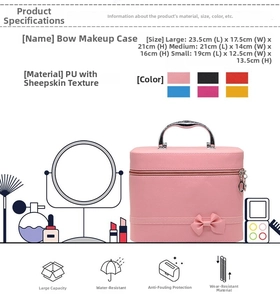 Size chart for bow makeup case showing large, medium, and small PU leather organizer dimensions