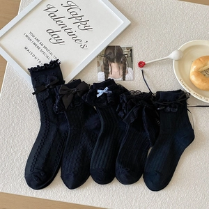 Damen Slouch Socken Baumwollmischung Spitze Rüschenbesatz Schleife Rippstrick Lolita JK Japanischer Süßer Stil