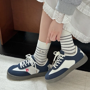 Navy blue suede retro sneakers with red VB embroidery and thick grey anti-slip soles