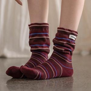 Vintage burgundy striped slouch socks with letter patch and flared cuff for women